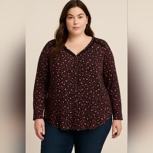 Torrid Plus Size 0 Black Red Pink Hearts Stars Lace V Neck Long Sleeve Blouse‎